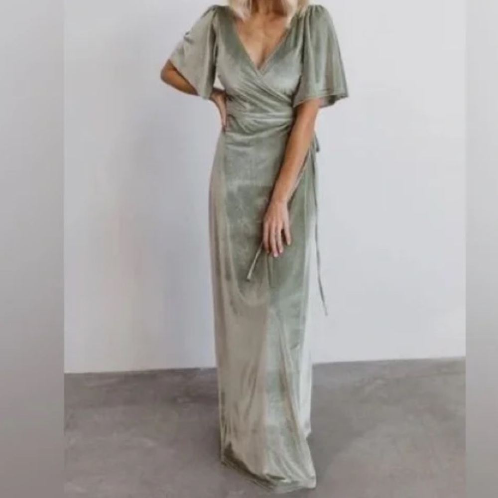 BALTIC BØRN Meghan Sage Green Velour Flutter Sleeve Wrap Dress XXXL